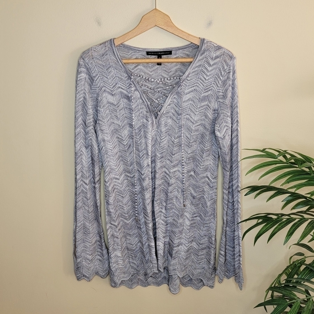 WHBM | Gray Metallic Chevron Top with Laced Up Neckline Size Small